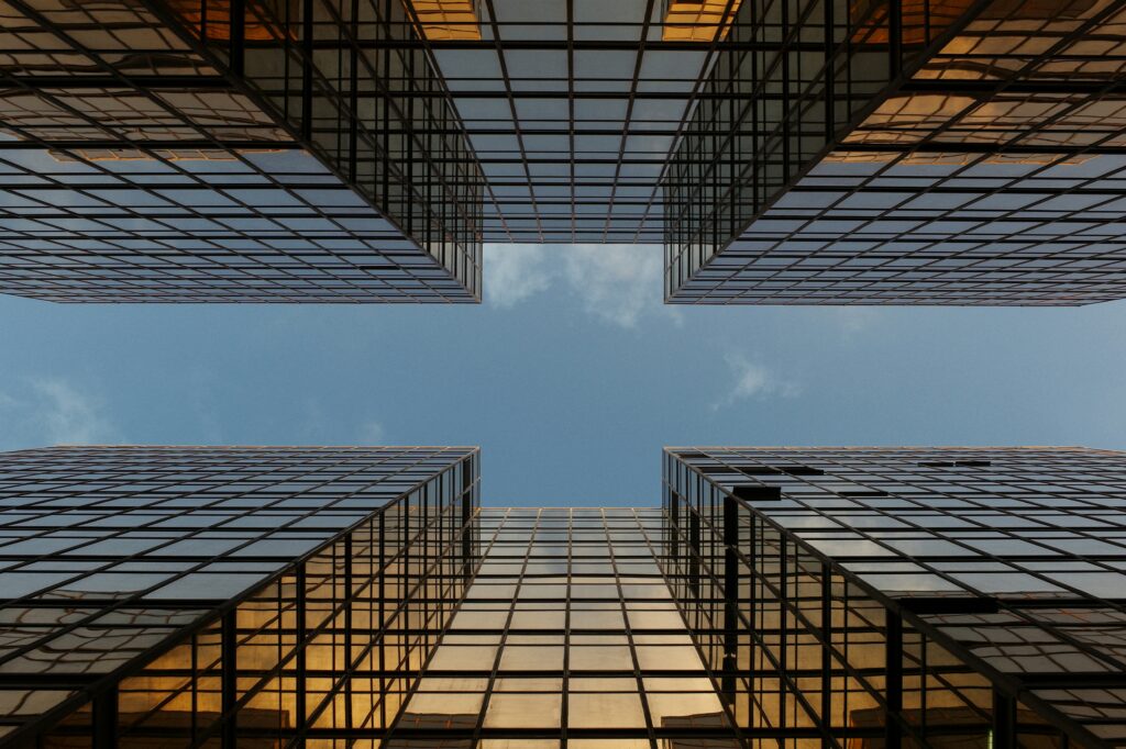 Urban office buildings looking upward