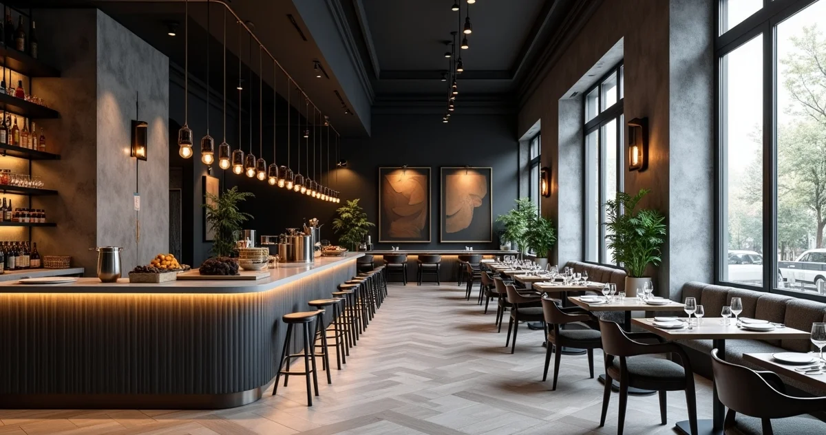 Upscale restaurant interior with bar seating.